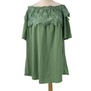 Umgee USA Off Shoulder Crochet Lace Flounce Sleeve Mini Dress Olive Green Size L
